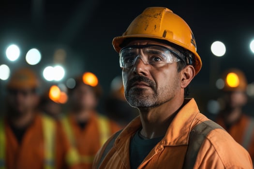 Middle-aged male worker instructs trainees on safety procedures in a construction environment photo