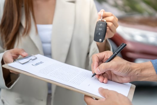 Sign contract for new and used Car. Sales, loan credit financial, rent vehicle, insurance, renting, Seller, dealer, installment, car care business photo