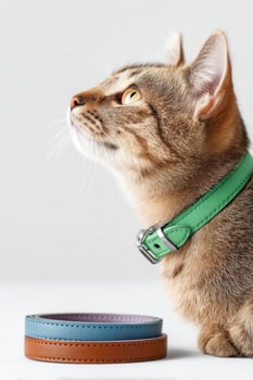 Colorful cat collars displayed with curious cat on a white background for promotional purposes photo