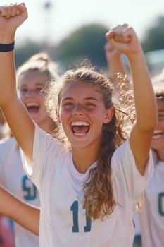 Young Caucasian female football player celebrates with teammates after scoring a goal during an outdoor game photo