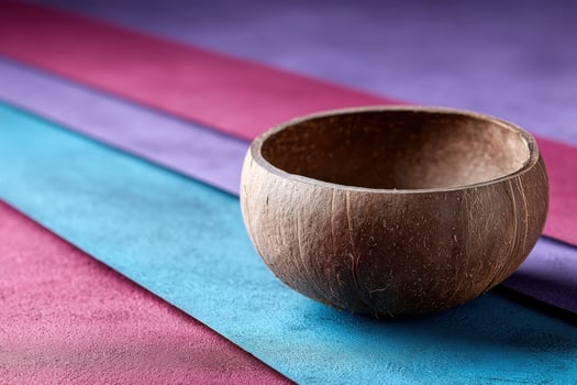 Natural coconut shell with intricate texture on vibrant backdrop providing ample copy space for design purposes photo