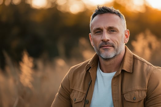 Middle-aged male model enjoys a scenic outdoor photoshoot during golden hour in nature photo