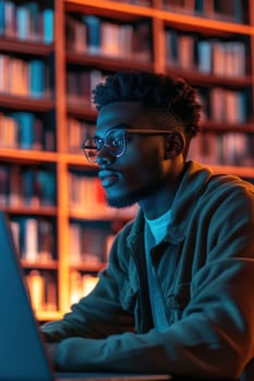 Young Black male sound archivist organizing digital files in modern archive setting photo