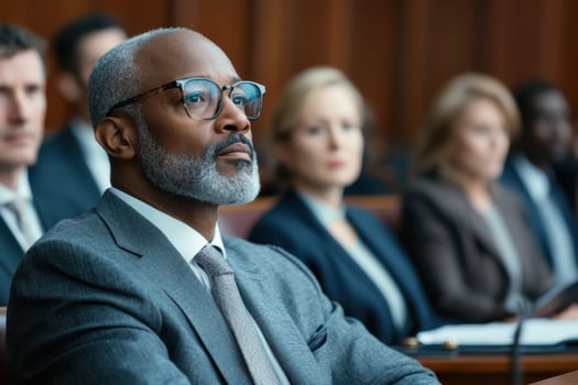Diverse judges and lawyers engaged in courtroom discussion during legal proceedings photo