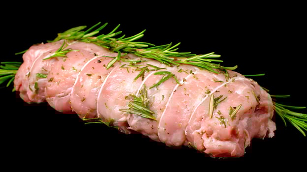 Fresh Raw Meat Roll Seasoned With Herbs On Black Background. photo