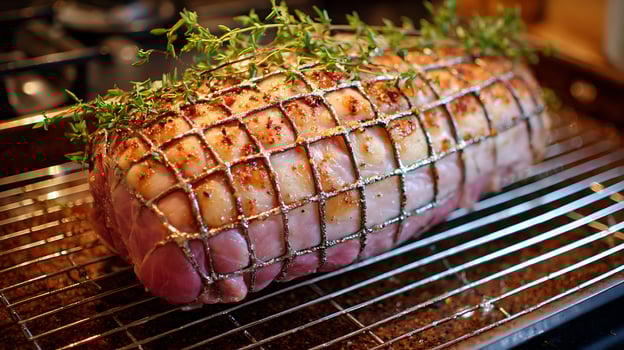 Perfectly Roasted Pork Loin with Fresh Rosemary Herbs Cooked. photo