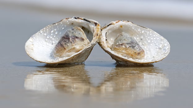 Two Seashells glistening with water on wet sand reflecting the light. photo