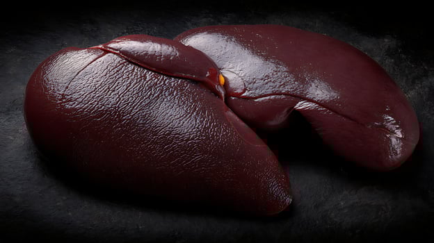 Raw Animal Liver Close Up On Dark Textured Background for Cooking. photo