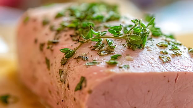 Delicious Ham with Fresh Herbs and Spices Close Up Shot. photo
