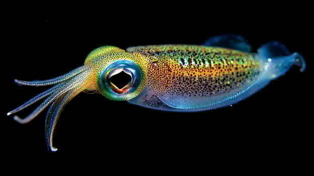 Vivid Underwater Squid Eye and Tentacles Against Black Background. photo