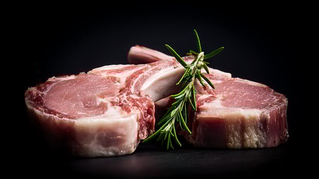 Fresh Raw Pork Chops With Rosemary On A Dark Surface. photo