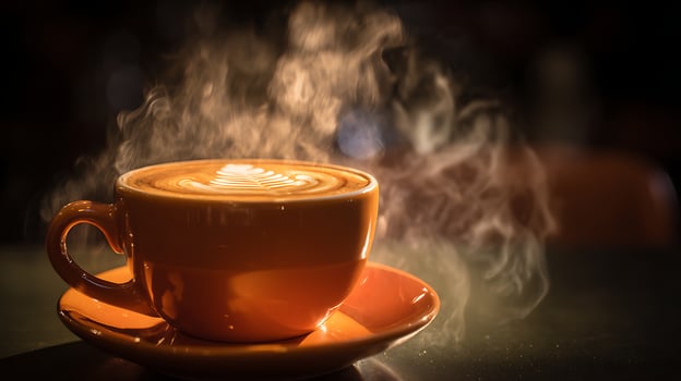 Hot Steaming Coffee with Latte Art in Orange Cup and Saucer. photo