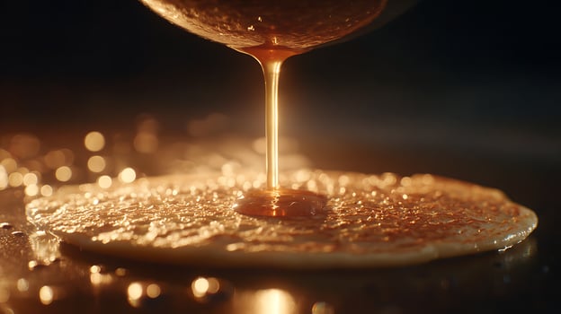 Sweet Golden Syrup Drips Onto A Warm Pancake Creating a Delicious Scene. photo