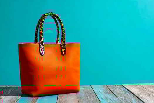Animal Print Handle Orange Tote Bag Placed on Wooden Table Against Teal Backdrop photo