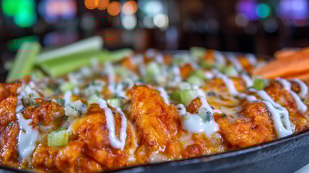 Delicious Baked Buffalo Chicken Dip with Celery and Carrots. photo