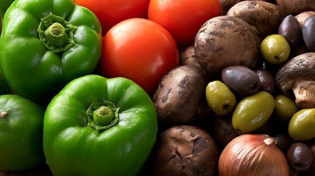 Fresh Green Peppers, Ripe Tomatoes, and Earthy Mushrooms with Olives. photo