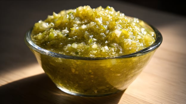 Brightly Lit Bowl of Chopped Green Relish on Wooden Surface. photo