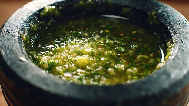 Freshly Made Green Herb Sauce in a Stone Mortar. photo