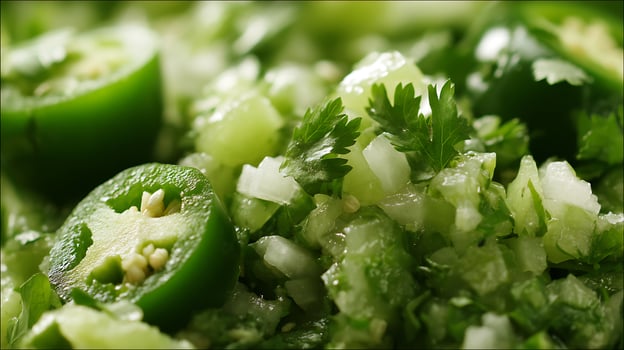Fresh Green Salsa Ingredients Close Up Showing Jalapenos and Cilantro. photo