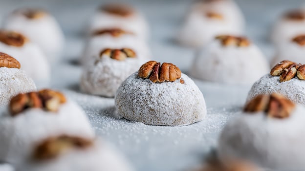 Delicious Pecan Powdered Sugar Cookies With Warm Lighting. photo