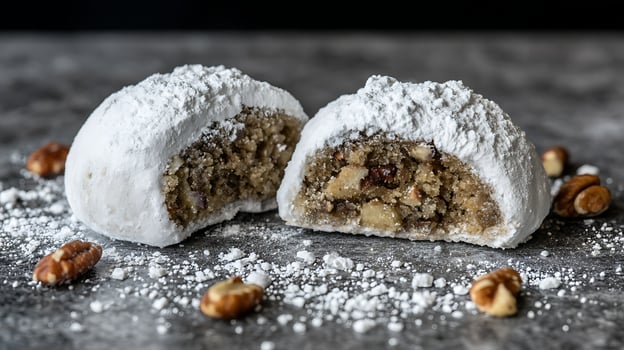 Delicious Snow Covered Cookies with Nuts on a Dark Surface. photo