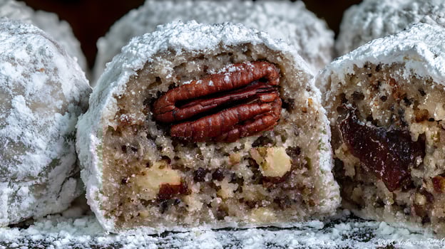Delicious Pecan And Raisin Cookies Covered In Powdered Sugar. photo