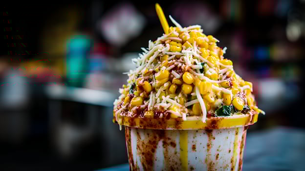 Delicious Corn Cup with Cheese and Spices Close Up. photo