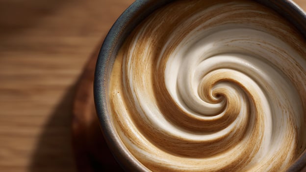 Swirling Cappuccino Delight in a Rustic Ceramic Mug on Wood. photo