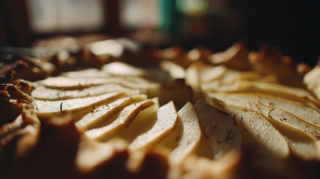 Close up of delicious baked pear pie with a golden crust. photo