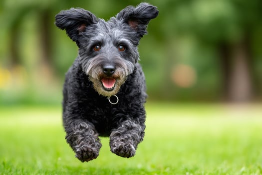 Happy poodle mix dog running towards camera in green park photo
