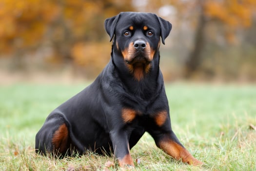 Rottweiler dog sitting on grass in autumn park photo