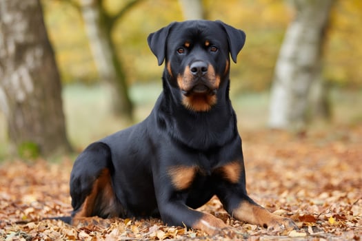 Rottweiler dog lying down on autumn leaves in park photo