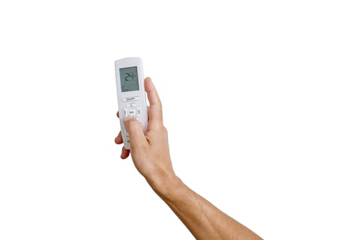 Hand holding air conditioner remote control isolated photo