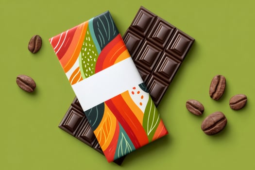 Dark chocolate bar and coffee beans resting on vibrant green background photo