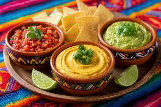 Colorful mexican dips with tortilla chips and lime wedges on wooden tray photo