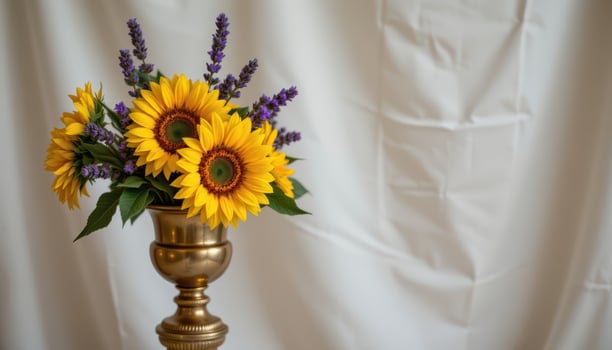 close up view of an antique brass podium decorated with freshly picked sunflowers and lavender, set in front of a soft linen backdrop. photo