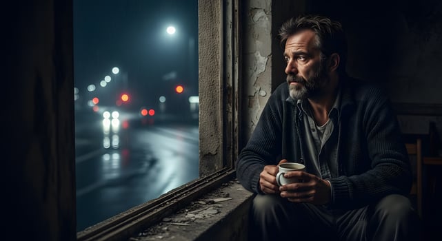 A man sitting in a window at night with a cup of coffee photo