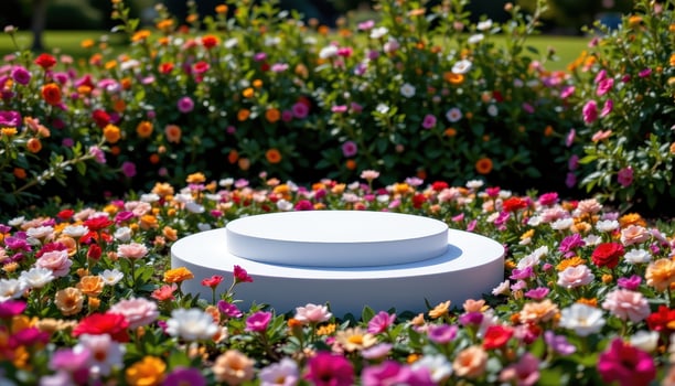 close up view of a podium embedded in a flowerbed, where ground level blooms frame it like a natural pedestal. photo