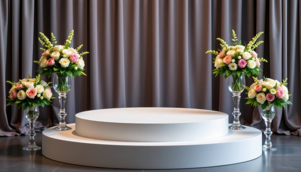 close up view of a podium edged with symmetrical bouquets positioned on crystal stands beside its corners. photo