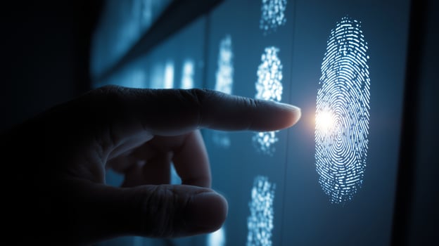 A person is interacting with a digital interface showcasing biometric technology, specifically focusing on fingerprint patterns and eye scans, emphasizing security and identification. photo