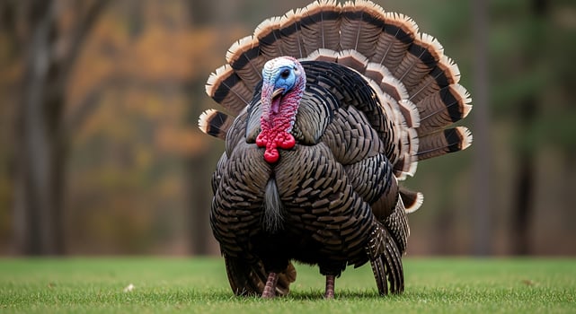 A turkey is standing in the grass photo