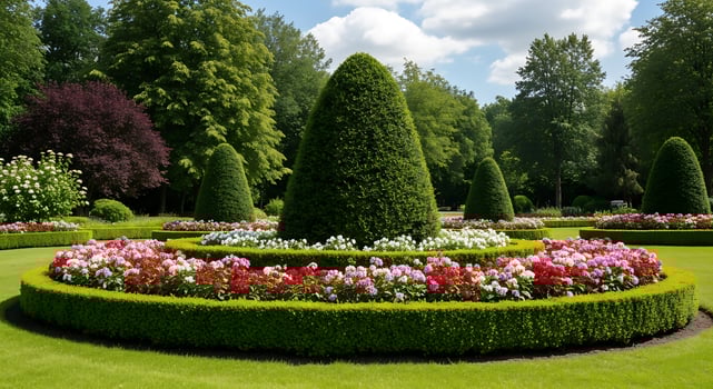 A circular garden with flowers and trees photo