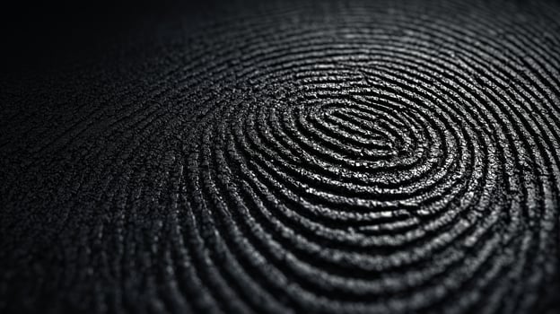 Detailed exploration of biometric patterns focusing on an intricate fingerprint design etched into a textured black surface, highlighting unique lines and curves. photo