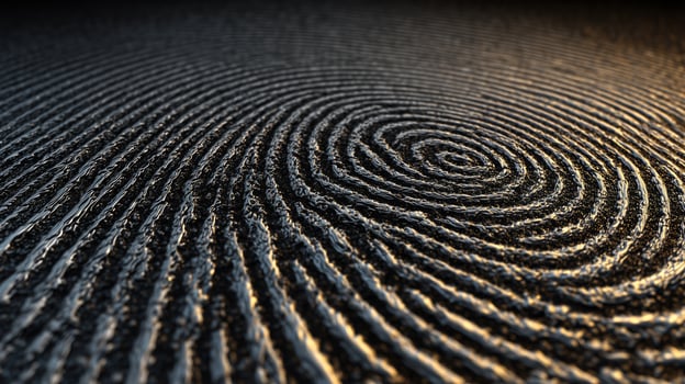This artwork showcases intricate biometric patterns, focusing on a fingerprint's unique ridges and swirls. The light highlights the detailed textures, enhancing the visual impact. photo