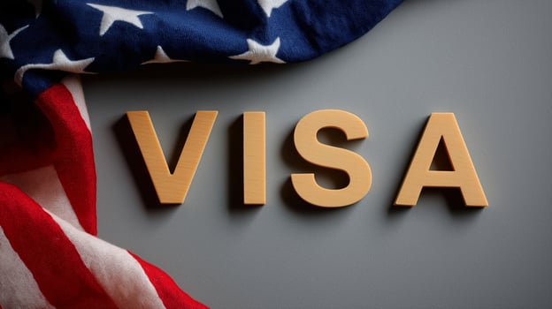 VISA to the United States of America against the background of the American flag. Work and travel documents. US Embassy. Visa in the passport. photo