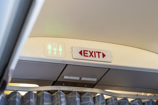Airplane interior signage showing exit and lavatory icons. Flight safety, directions, and passenger information during air travel. High quality photo