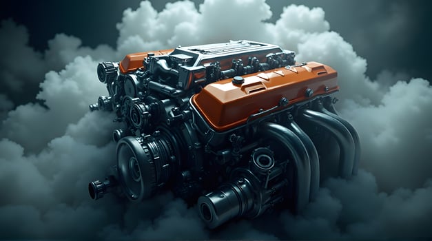 Powerful Car Engine Floating in Smoke Against a Dark Background photo