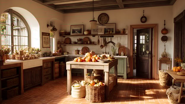 Sunlit rustic kitchen scene with pumpkins in baskets for a warm seasonal feeling and cozy home interior design photo