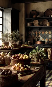 Rustic kitchen interior scene showcasing fresh produce and traditional decor evokes a warm and inviting ambiance photo