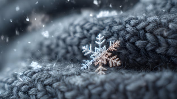 Delicate snowflake detail on cozy woolen fabric macro winter scene showcasing festive crystalline beauty against soft photo